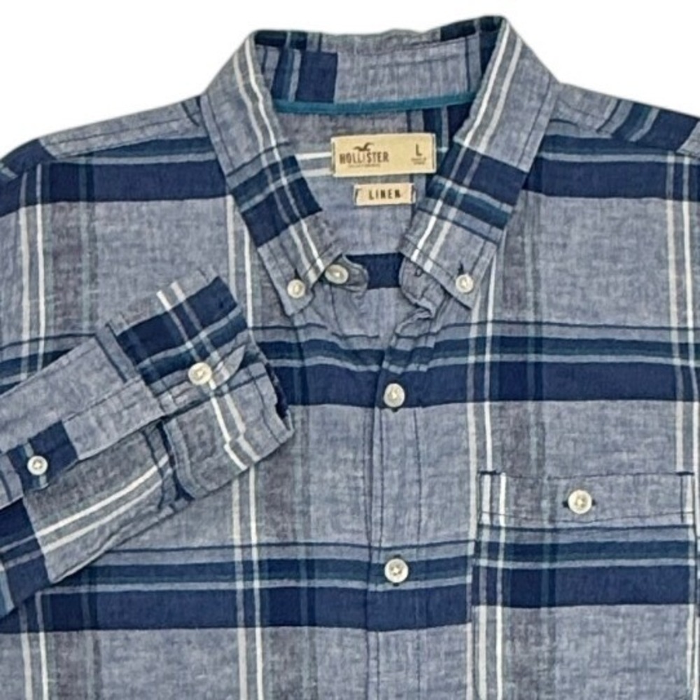 Hollister Shirt Mens Large Blue White Plaid Linen Blend Long Sleeve Button Down